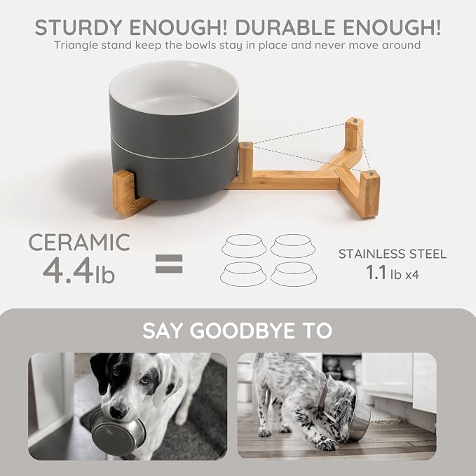 SPUNKYJUNKY Ceramic Dog and Cat Bowl Set with Wooden Stand, Modern Cute Weighted Food Water Set for Small Size Dogs (13.5OZ) & Medium Sized Dogs (28.7OZ) & Cats (3.6 Cups, 2 × White-Grey)