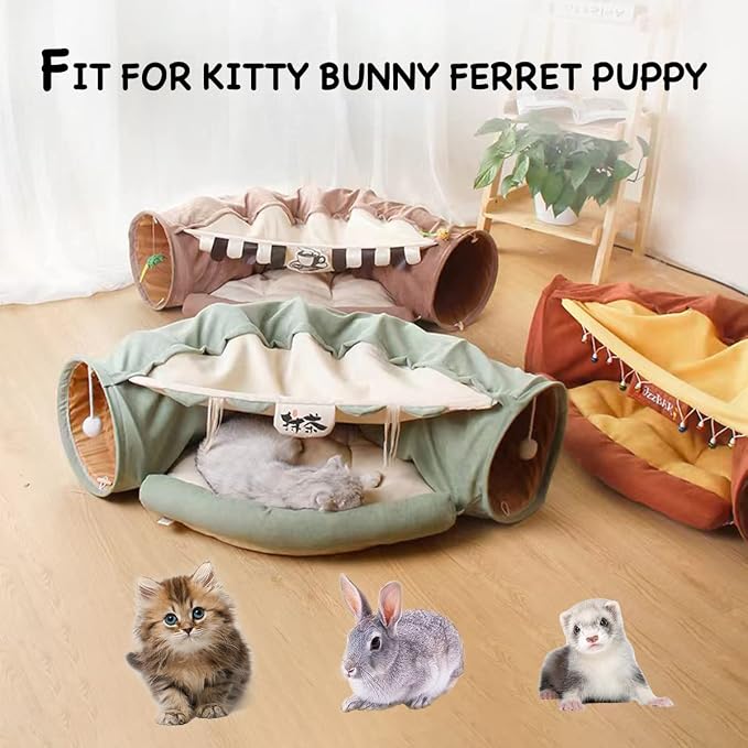 LEFTSTARER 2-in-1 Collapsible Cat Tunnel for Indoor Bed and Hideout - Pet Dog Rabbit Bunny Ferret Tunnel Tubes Toys with Removable Washable Mat, Tower Wheel Stuff
