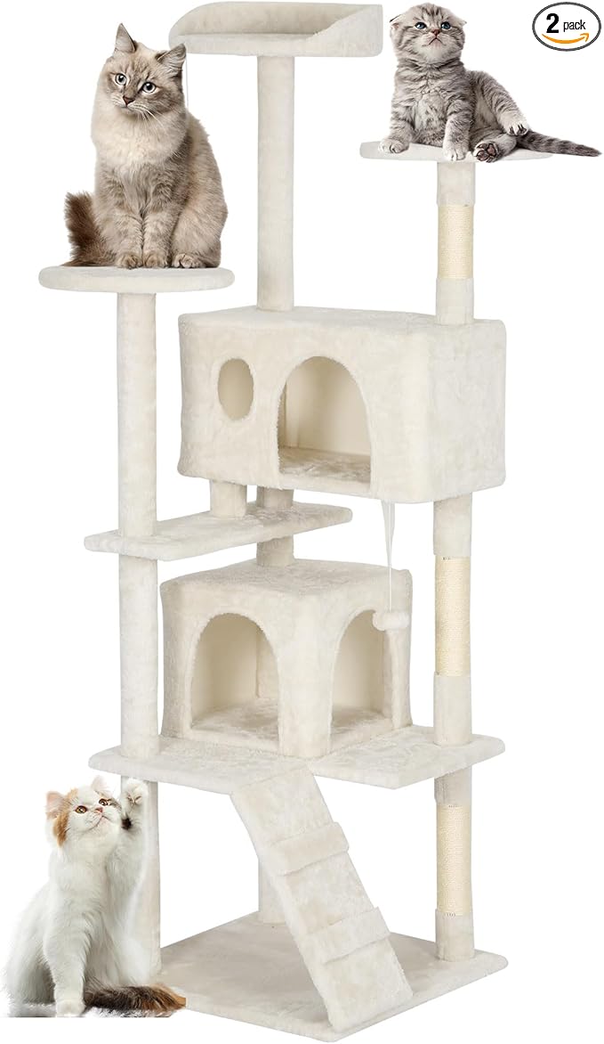 FDW | 62" Cat Tree Tower | Beige | Multi-Level Indoor Activity Center with Sisal Scratching Posts, Condos, Plush Perches, Hanging Cat Toys | Sturdy, Easy to Assemble | for Kittens & Adult Cats