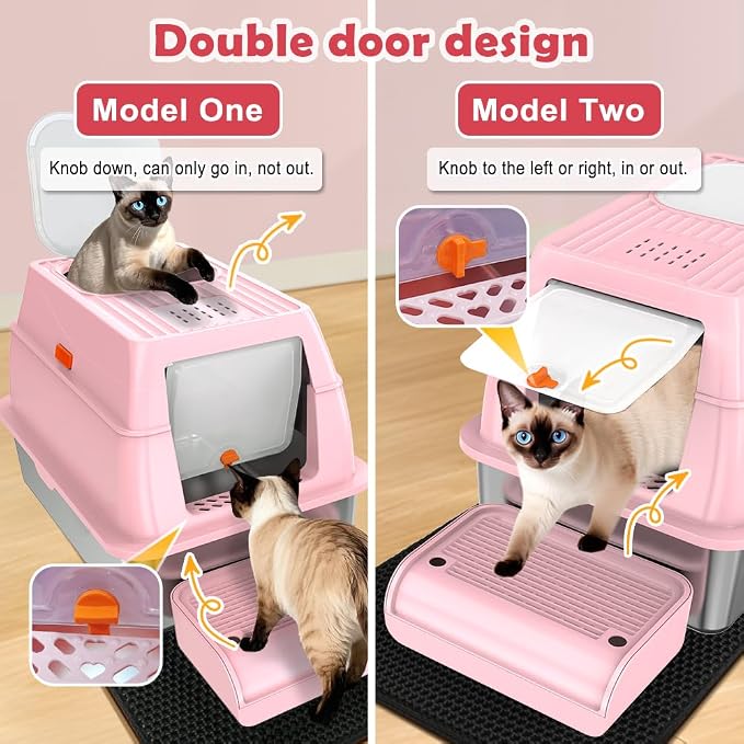 Vivifying Stainless Steel Litter Box with Lid, XL Front Entry Enclosed Extra Large Litter Box for Big Cats & Kitty, Top Exit Metal Cat Pan with Scoop, Mat, Footboard, Charcoal Filter (Pink)