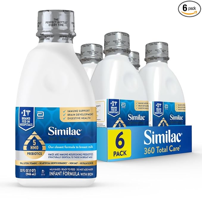 Similac 360 Total Care Infant Formula, Has 5 HMO Prebiotics, Our Closest Prebiotic Blend to Breast Milk, Non-GMO,‡ Baby Formula, Ready to Feed, 32-fl-oz Bottle, Pack of 6