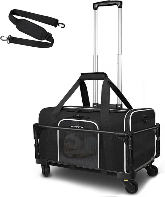Petskd Small Pet Carrier with Wheels (17" L x 12" W x 8.5" H), JetBlue/Allegiant/Spirit Airlines Approved, Rolling Pet Carrier for Small Dogs & Cats (Black)