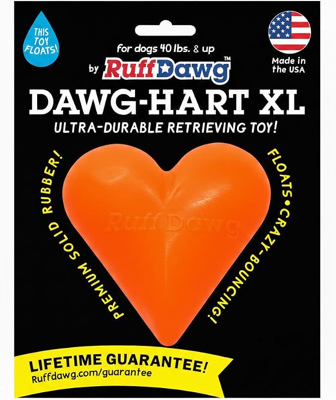 Ruff Dawg Indestructible Dawg-Hart (Heart) XL 4” – Heavy-Duty Solid Rubber Dog Fetch Toy for Dogs 40 lbs & Up – Floats & Crazy Bounce – Made in USA – Assorted Neon Colors