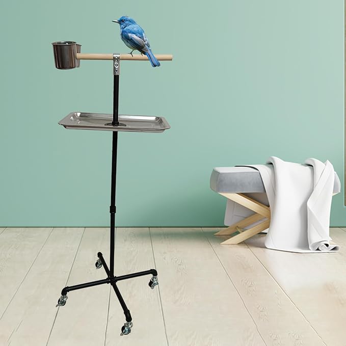 Stainless Steel Tray Bowls Bird Perch Stand,with Wheels Parrot Stand,Parrot Perch Stand 2 Stainless Steel Cups,Bird Play Stand for Indoor Outdoor(Black