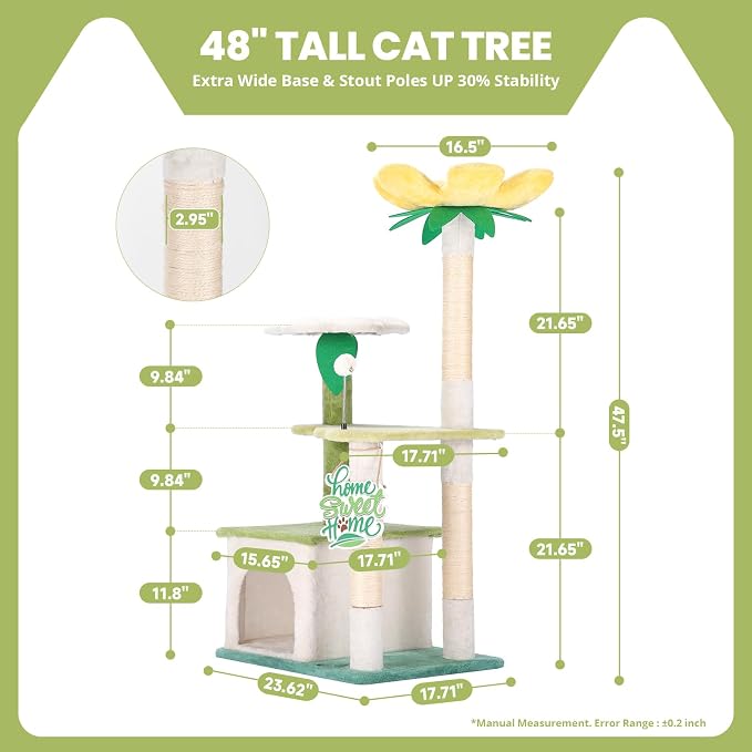 HYABi 47.5-Inch Avocado Cat Tree Tower - Cute Garden Cat Condo with Multi-Level Activity Platform, Scratching Posts & Plush Ball, Perfect for Indoor Kittens
