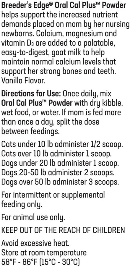 Breeder’s Edge Oral Cal Plus Powder, Calcium & Vitamin D₃ Whelping Supplement for Nursing Dogs and Cats, Supports Healthy Bones, Teeth & Lactation, 1kg