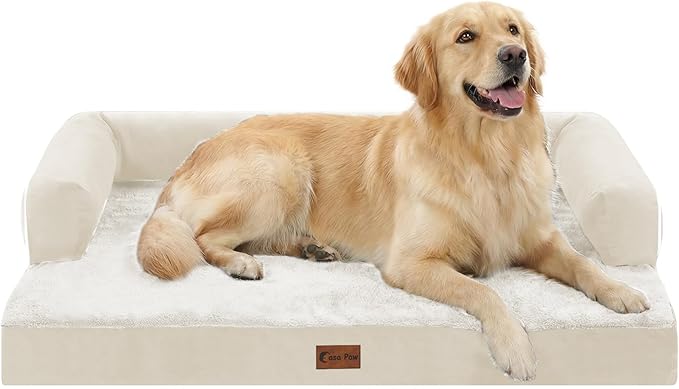 Orthopedic Dog Beds for Large Medium Sized Dogs, Waterproof Egg Crate Foam Large Dog Couch Beds with Comfy Bolster 36x27Inch, Washable Pet Beds with Removable Cover, Beige