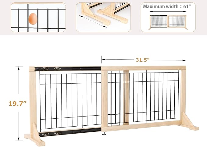 Extra Wide Freestanding Dog Gate, Adjustable Width 31.5"–61", 19.7" Tall Indoor Pet Gate for Kitchen, Living Room & Stairs, Wooden Metal Frame No-Drill Pet Barrier