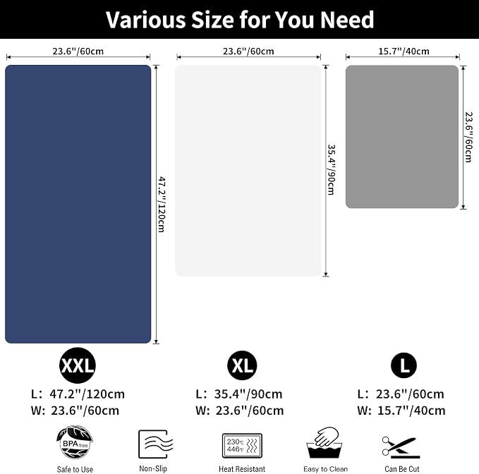 2MM Extra Thick Silicone Kitchen Counter Mat, 47.2" x 23.6" Non-Slip Heat Resistant Countertop Protector, Extra Large Craft and Kitchen Mat, 2-Pack, Deep Blue