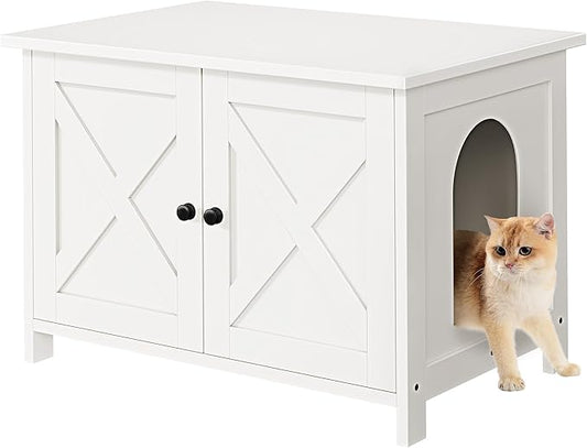 Shintenchi Cat Litter Box Enclosure, Litter Box Furniture Cabinet Hidden with Removable Divider, Wooden Cat House with End Table, White, 31.5 inch