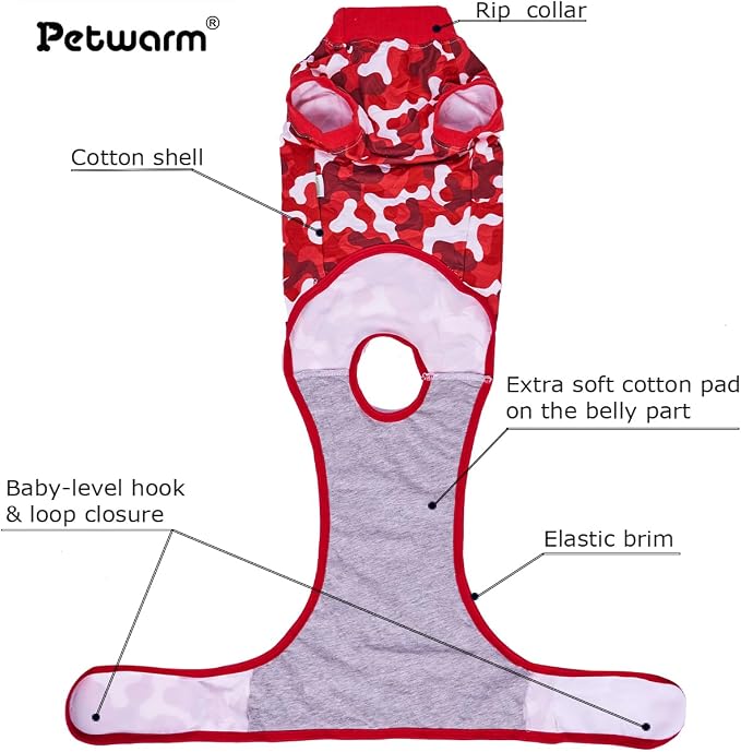 PetWarm Dog Cone Alternative After Surgery, Dog Sweaters's Inner Clothes, Recovery Suit for Dogs, Pet Pajamas for Recovery, Camouflage Pattern, Red, XS