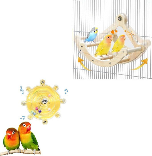 Bird Perch Toy with Mirror for Cage, Wooden Interactive Rocking Exercise Wheel, Spinner Rattle Chewing Enrichment Toy, Cage Accessories for Parakeet Cockatiel Conure (1pc, Random Color)