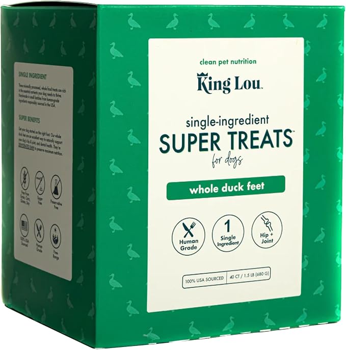 King Lou Pets Whole Duck Feet for Dogs, Single-Ingredient, Dehydrated Duck Feet Dog Treats, Human-Grade, Crunchy Dental Chews for Canine Hip & Joint Support, 40 Count