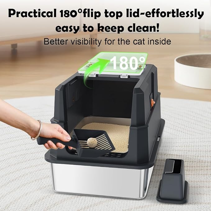 SZEE Stainless Steel Cat Litter Box with 180°Flip-Top Lid, Easy Clean XL Enclosed Litter Box, Large Covered Steel Cat Box with Scoop, Odor Control and Anti-Urine Leakage, 23.2 * 15 * 15 Inch, Black