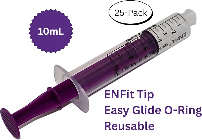 Envue ENFit 10mL Reusable O-Ring bFed Syringe for Tube Feeding, 25-Pack, Purple Plunger