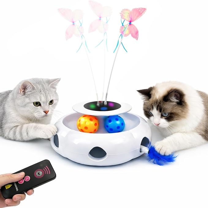 3-in-1 Interactive Cat Toy with Remote Control, Automatic Feather Teaser & Rolling Ball Track, Smart Cat Toy for Indoor Cats, Multi-Play Cat Enrichment Toy for Exercise & Boredom Relief