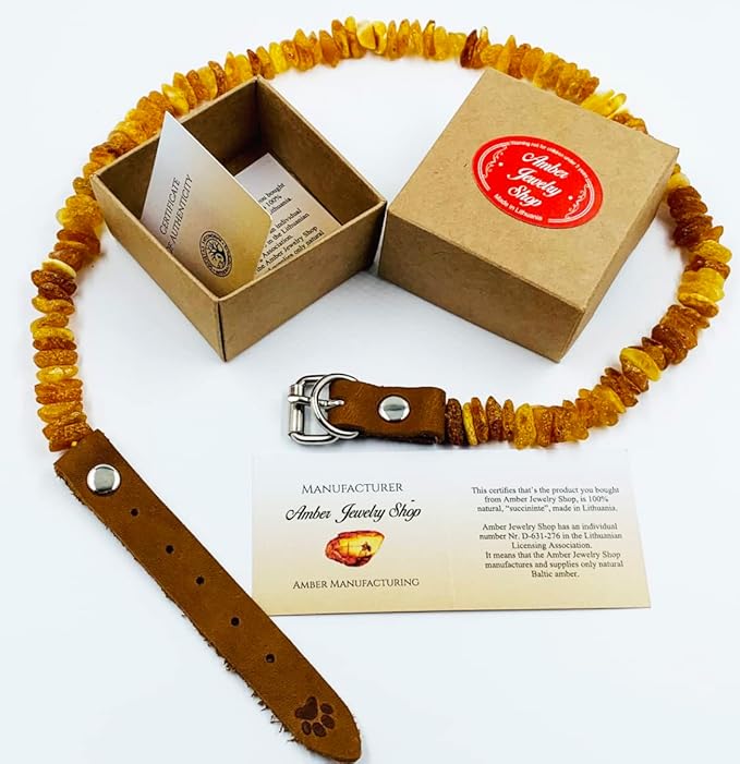 Baltic Amber Dog & Cat Collar - Adjustable Leather Strap with Raw Knotted Amber Beads (30-35cm)