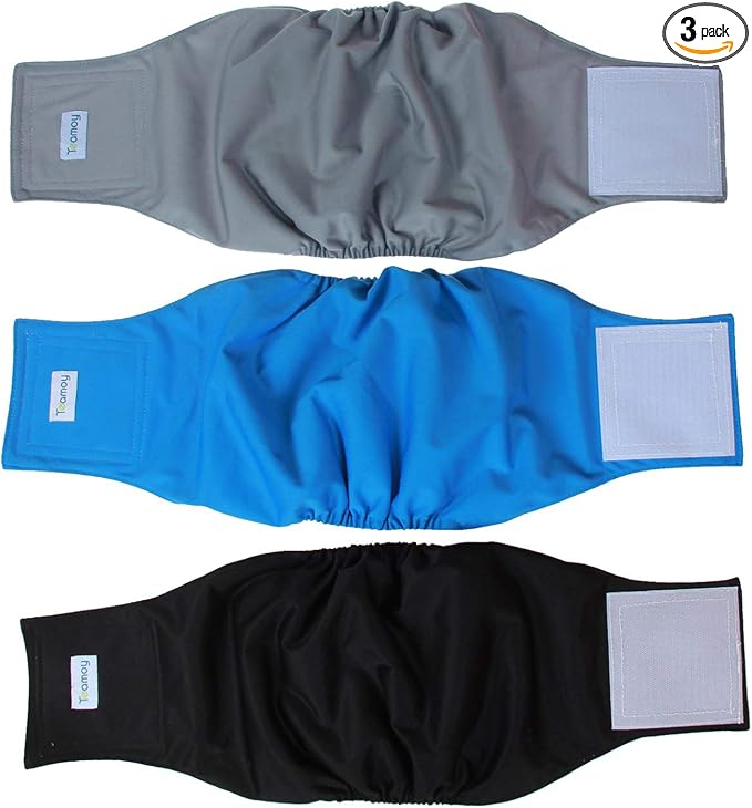 Teamoy Reusable Wrap Diapers for Male Dogs, Washable Puppy Belly Band Pack of 3 (L2, 20"-24" Waist, Black+ Gray+ Lake Blue)