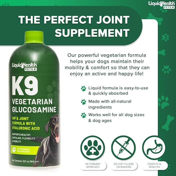 LIQUIDHEALTH Pets K9 Vegetarian Glucosamine for Dogs & Puppies & Joint Purr-Fection Glucosamine Drops for Cats & Kittens - Pet Supplements Made in USA