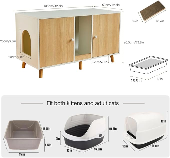 Litter Box Enclosure for 2 Cats, 43" Hidden Cat Litter Box Furniture Cabinet with Scratching Pad and Double Room, Cat House Washroom, Side End Table Modern, Wood