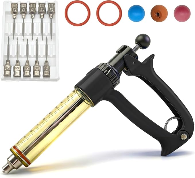 50mL Semi Automatic Livestock Syringe Adjustable Dosage Repeater Injector (1-5mL) with Luer Lock Tip for Cattle, Sheep, Goats & Pigs Continuous Injection Gun for Farm Herd, Black