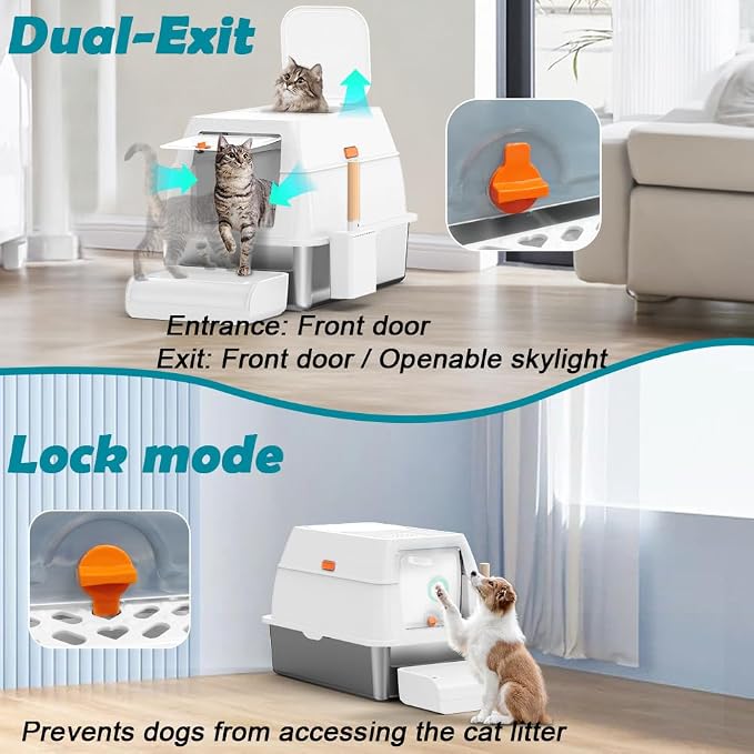 SZEE XL Stainless Steel Litter Box with Lid, Extra Large Metal Covered Litter Box, Stainless Box Easy Clean, Activated Charcoal Odor Control Design, Includes Litter Scoop & Mat & Step, White