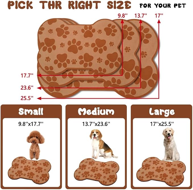 Dog Food Mats for Floors Waterproof, Pet Feeding Absorbent Water Bowl Mat Cat Placemats Brown Bone Shape 19 * 12 inch