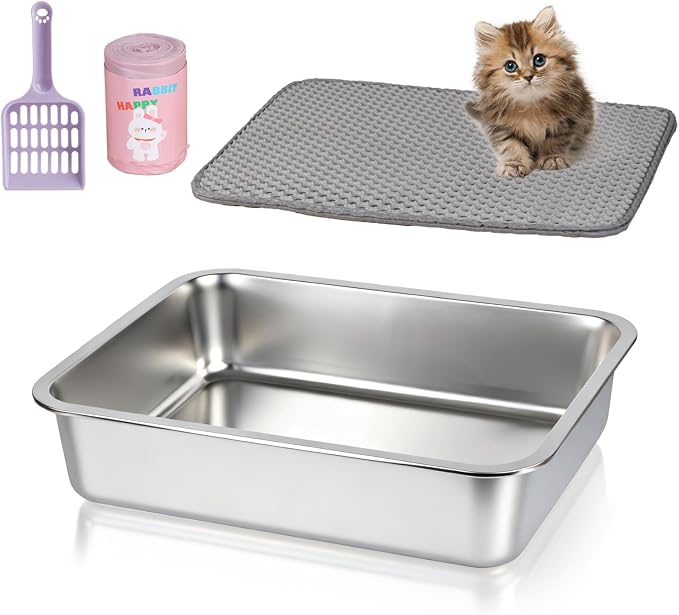 Stainless Steel Cat Sifting Litter Box 17.5" x 13.5" x 4" - Metal High Sided Open Top Litterbox Odor Control Non-Clumping with Scoop Litter Mat Trash Bag, Anti-Leakage, Less Tracking, Easy Cleaning