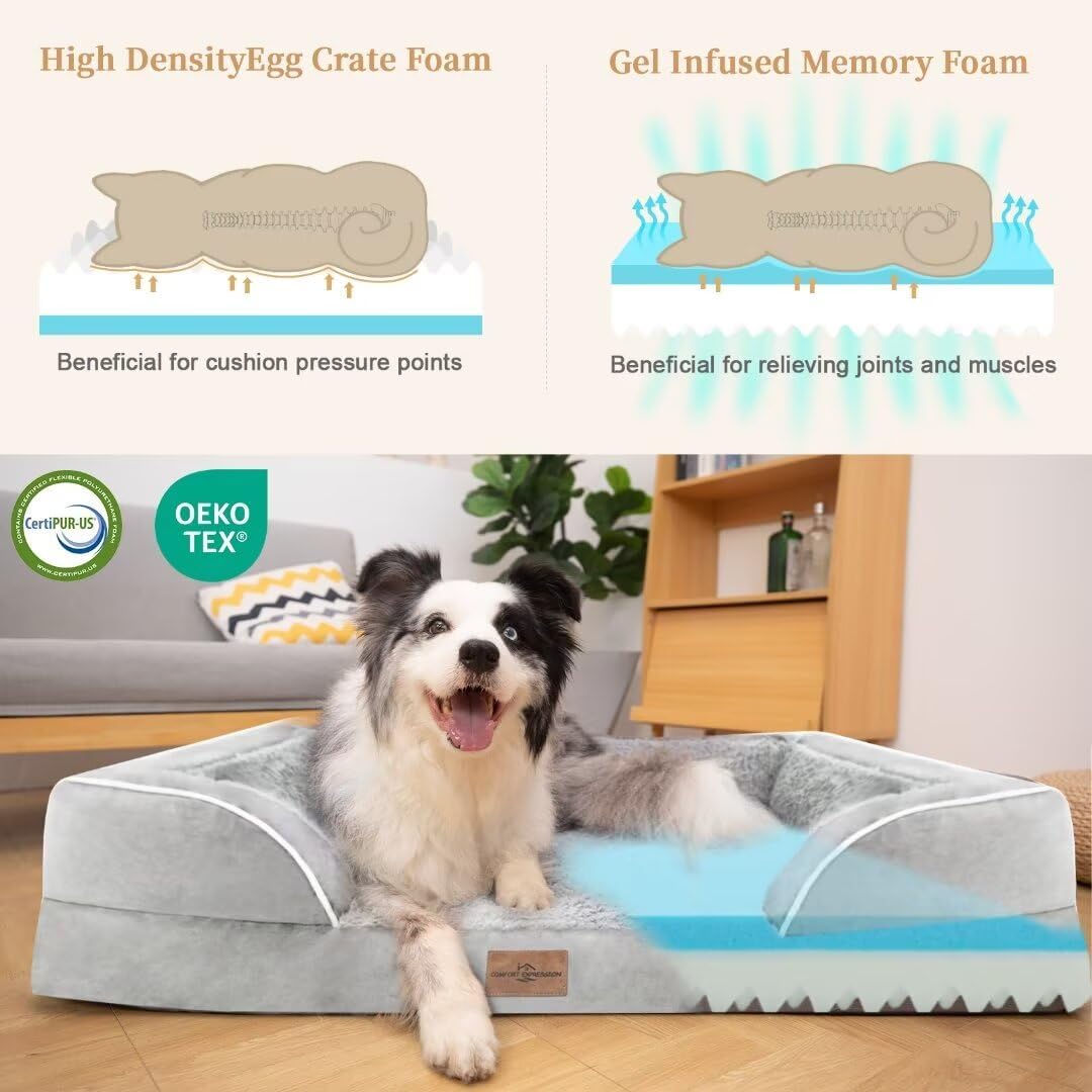 Comfort Expression XXL Dog Beds Waterproof for Extra Large Dogs, Orthopedic Memory Foam Dog Bed for Giant Dogs, Washable Pet Sofa Couch with Bolster & Removable Cover(XX-Large,Light Grey)