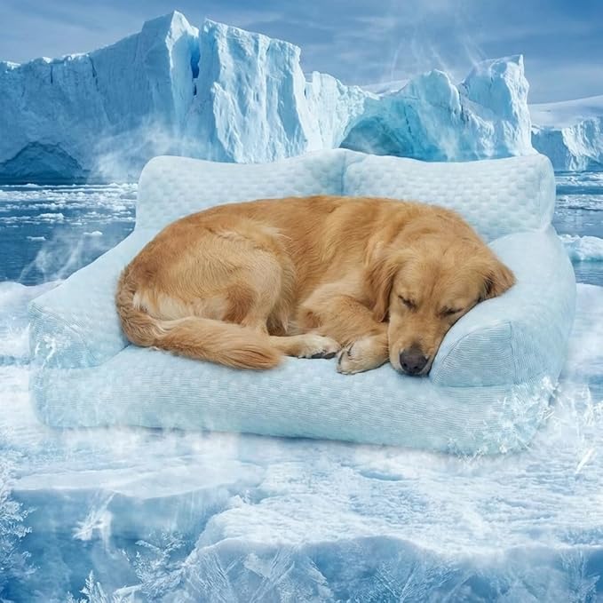 Cooling Dog Bed Cat Bed for Small Medium Large Dogs & Cats, Washable Pet Sofa Bed with 5D Breathable Fabric, Orthopedic Calming Bolster Bed, High-Resilience PP Cotton Blue 35.4"x21.7"x9.8"