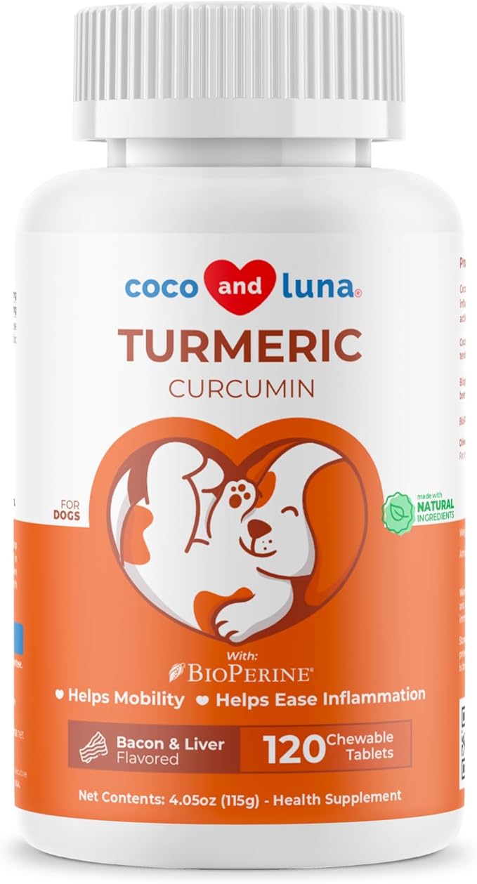 Turmeric for Dogs 120 Tablets - Anti-Inflammatory, Joint & Collagen | Curcumin & BioPerine for maximum absorption. Supports joint health, reduces inflammation & eases pain. 120 chewable tablets.
