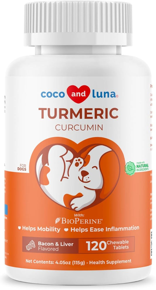 Turmeric for Dogs 120 Tablets - Anti-Inflammatory, Joint & Collagen | Curcumin & BioPerine for maximum absorption. Supports joint health, reduces inflammation & eases pain. 120 chewable tablets.