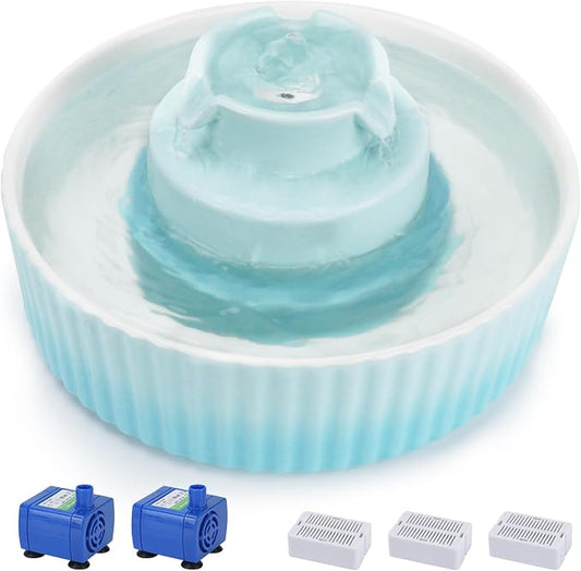 Lawfery Ceramic Cat Water Fountain, 2.1L/71oz Cat Fountain with 3 Carbon Filters and 2 Quiet Pumps, Cupcake Pet Water Dispenser for Cats and Dogs (Light Blue)