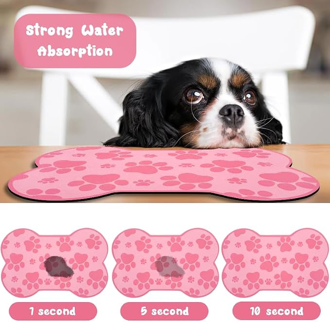 Dog Food Mats for Floors Waterproof, Pet Feeding Absorbent Water Bowl Mat Cat Placemats Pink Bone Shape 25.5 * 17 inch