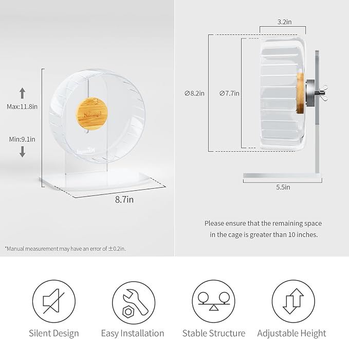 Niteangel Super-Silent Hamster Exercise Wheels: - Quiet Spinner Hamster Running Wheels with Adjustable Stand for Hamsters Gerbils Mice Or Other Small Animals (S, Transparent)