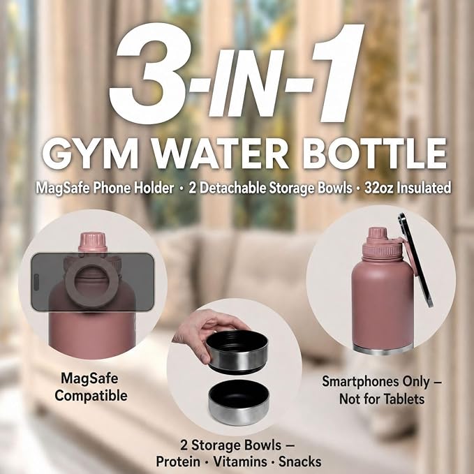 DASAN 32oz Gym Water Bottle with Phone Holder - Insulated Stainless Steel Magnetic Tripod, MagSafe Compatible, 2 Storage Bowls for Protein Powder, Vitamins & Dog Walks