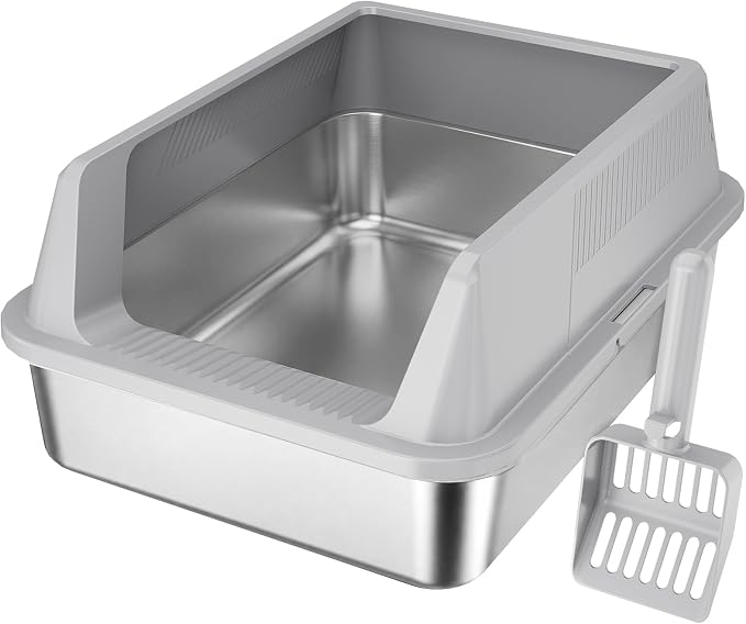 Lifewit Stainless Steel Litter Box for Kitty, Small Metal Cat Litter Tray with Non-Slip Pads, Anti-Leakage Top Entry and High Sided, Easy to Clean, 17.7" L×13.8" W×8.3" H, Gray