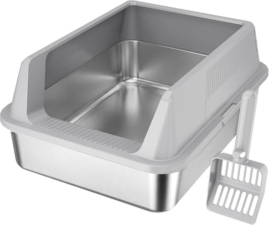 Lifewit Stainless Steel Litter Box for Kitty, Small Metal Cat Litter Tray with Non-Slip Pads, Anti-Leakage Top Entry and High Sided, Easy to Clean, 17.7" L×13.8" W×8.3" H, Gray