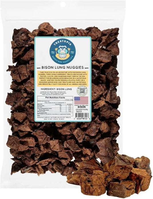 TREATOPIA Bison Lung Nuggies Bites Dog Treats - All-Natural, Sustainable, Healthy, Premium High Protein, Hand-Trimmed, Slow-Roasted, Made in The USA, Nutritious, No Additives, No Fillers