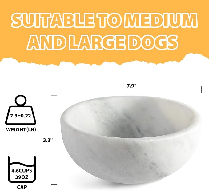 Karibiber White Dog Bowl, Marble Dog Food Bowl, Non-Slip Stone Dogs Water Bowl Large, Non-Tipping Heavy Duty Pet Bowl for Large Dogs, African Natural Marble, Holds 4.6Cups(7.5lbs)