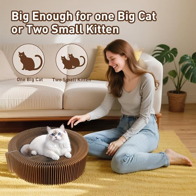 Cat Bed Scratcher Lounge - Cardboard Collapsible Pet Scratching Pad, Round Cat Scratch Nest for Indoor Big Large Kitty Kitten