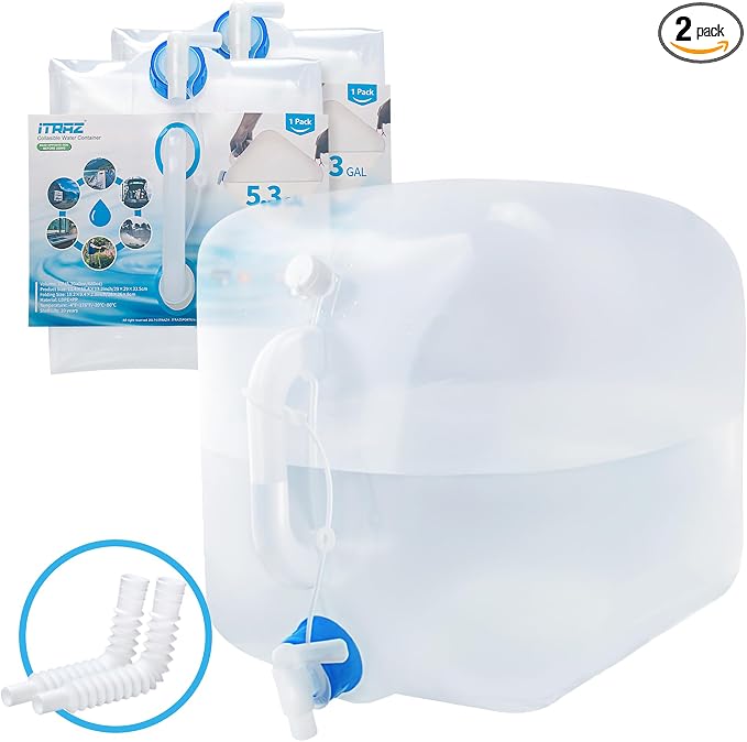 Collapsible Water Container with Spigot, 2×5.3 Gallon BPA Free Camping Water Storage Jug Carrier, for Outdoors Hiking Backpack RV Travel & Emergency, Portable Foldable Survival Water Canteen