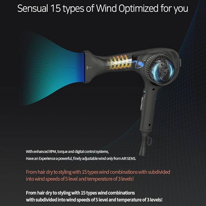 JMW Korean Professional Salon Hair Dryer AIR Sense I 15 Winds-3 Heat X 5 Speed Mix, 2 Nozzles & Dryer Stand, Upgrade BLDC Motor, 100% Cool Shot, Smart Memory, Fast Drying, Quiet and Long-Lasting