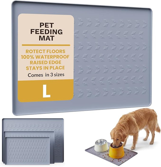 Silicone Pet Feeding Mat - 100% Waterproof Dog & Cat Bowl Pad with Raised Edges - Protects Floors from Messy Eaters & Spills - Anti-Slip, 100% PET-Safe, Dishwasher Safe (Grey 28" x 20")
