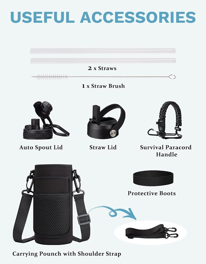 BENZZO 32oz Insulated Water Bottle with Straw & Spout Lids, Paracord Handle, Bottle Sleeve, Silicone Boot, Thermal Metal Jug Keep Cold 48H & Hot 24H, Hydro Bottle for Travel Work Camping