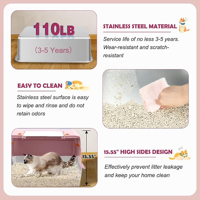 Vivifying Pink Stainless Steel Covered Cat Litter Box – Odor-Control, Easy-Clean Modular Enclosed Kitty Toilet, Elegant Design for Stylish Cat Moms