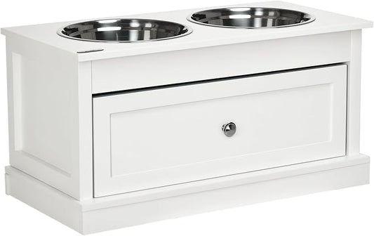 PawHut Large Elevated Dog Bowls with Storage Cabinet Containing Large 44L Capacity, Raised Dog Bowl Stand Pet Food Bowl Pet Feeding Station, Brown