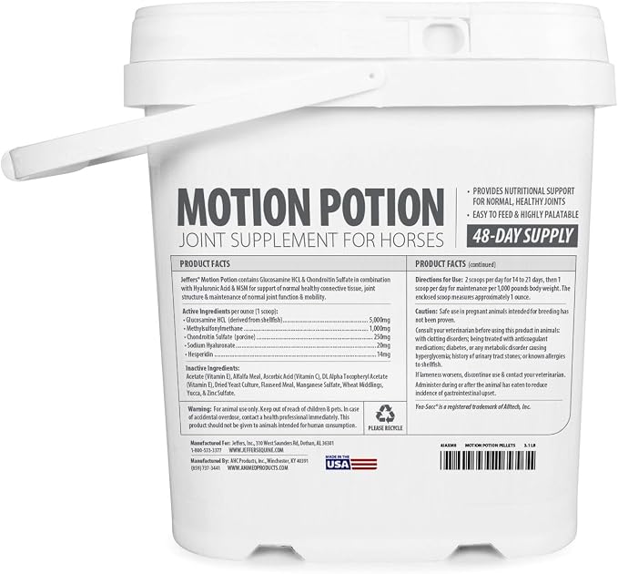 Jeffers Motion Potion Horse Joint Supplement Pellets – Glucosamine HCL, MSM, Chondroitin, Hyaluronic Acid, Vitamin C & E, Daily Equine Support for Senior & Active Horses – 3.1, lbs 48 Day Supply