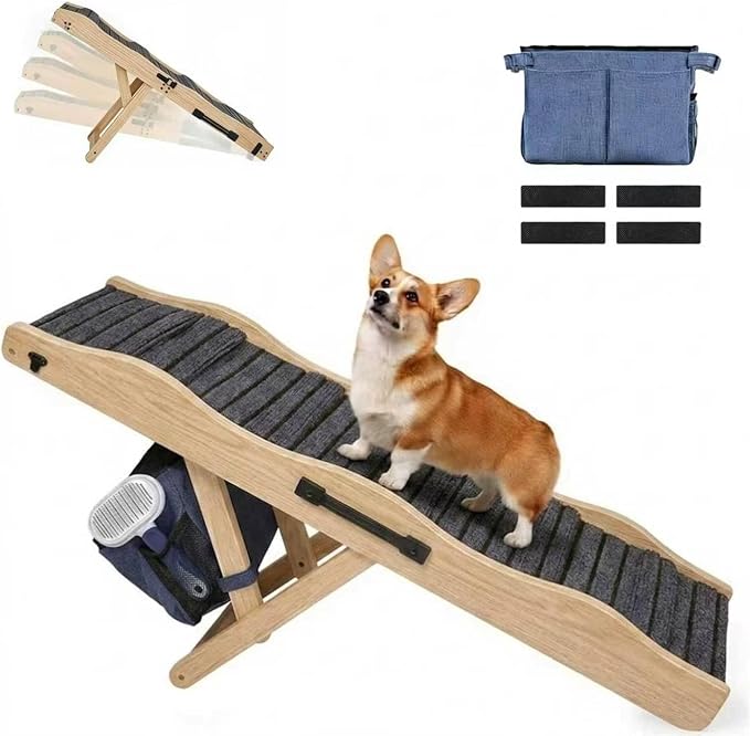 Dog Ramp for High Bed with Wave Design, Adjustable Height Pet Ramp 19"-26", Heavy Duty Dog Ramp for Couch Sofa, Portable Pet Stairs with Storage Bag & Non-Slip Pad for Medium Dogs