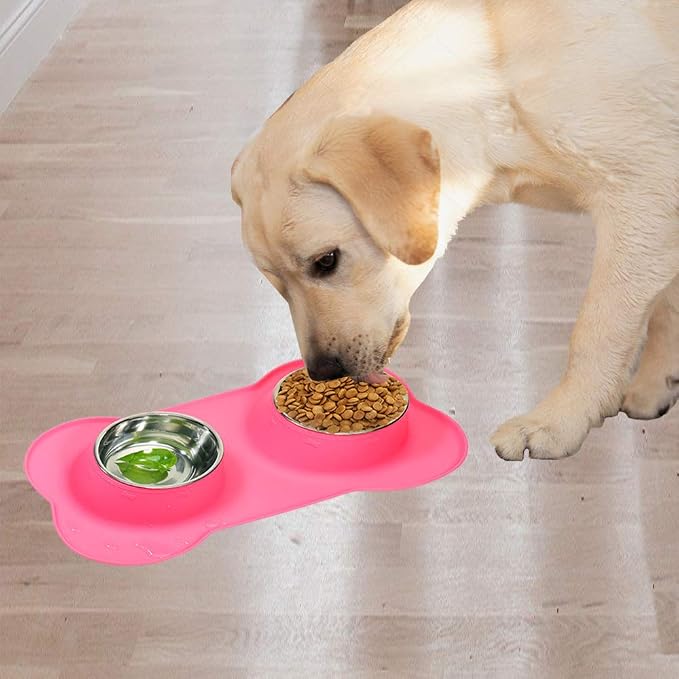 AsFrost Dog Food Bowls Stainless Steel Pet Food Bowls & Dog Water Bowls, Dog Bowls Silicone Mat No Spill Non-Skid Feeding Bowls for Small Size Dog Puppy Cat Food Dish, Pink, 3 Cup/24oz, Set of 2 Bowls